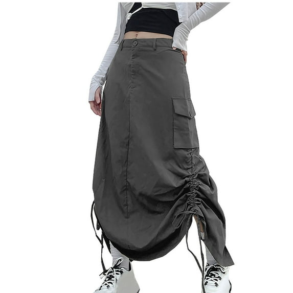 Mrat Maxi Skirts Fashion Women Summer Button Pocket Casual High Waist Solid Long Zipper Drawstring Skirt Athletic Skirts Women S-100 Gray XL