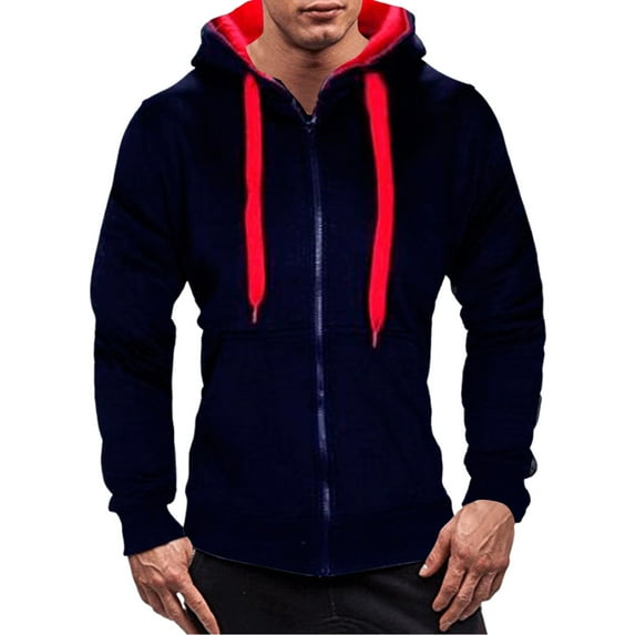 Mrat Men Hooded Jackets Men's Fashion Sports Matching Color Loose Sports Warm Pocket Long-Sleeved Hoodie Men's Hoodies Sweatshirt S-44 Navy XXL