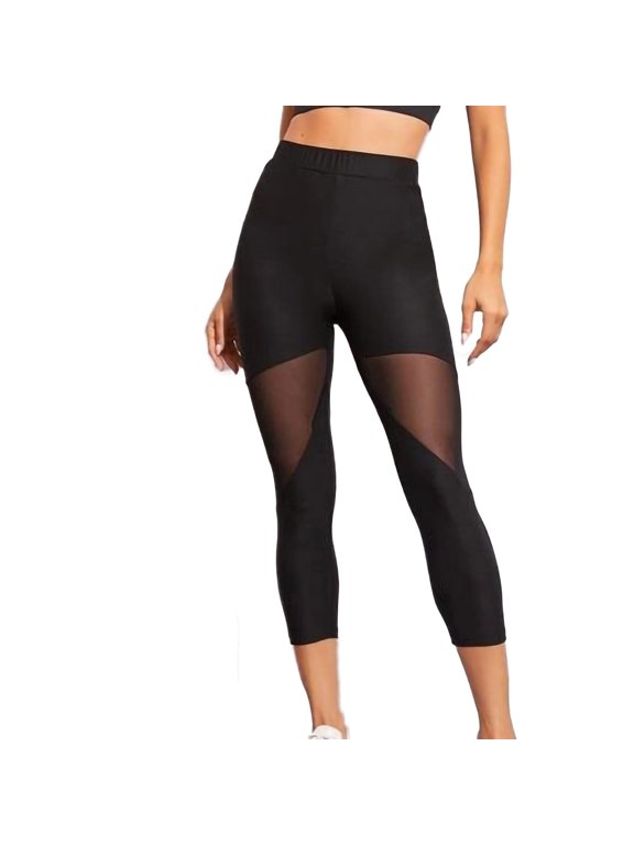 Mesh Leggings Capris Womens Black Yoga Leggings Stretch High Waisted Cropped Pants Casual Workout Jogging Pants S-2 Black S
