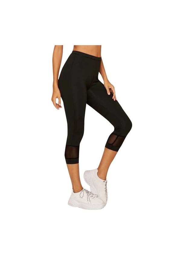 Mrat Mesh Yoga Pants Women Capris Leggings High Waisted Pants Stretchy Cropped Pants Casual Black Slim Workout Athletic Pants S-75 Black L