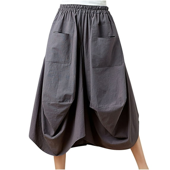 Mrat Mid Length Skirts for Ladies Women's Elastic Waist Solid Cotton Linen Skirt Loose Large Lantern Skirt with Pockets Ruffle Skirt S-160 Dark Gray One Size