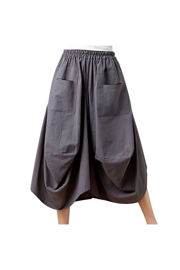 Mid Length Skirts for Ladies Women's Elastic Waist Solid Cotton Linen Skirt Loose Large Lantern Skirt with Pockets Ruffle Skirt S-160 Dark Gray One Size