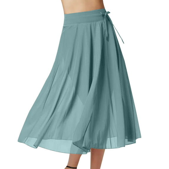 Mrat Midi Skirt with Slit Women's Elegant Skirts 2024 Trendy Casual Skirts Front Tie High Waist Skirts Solid Color Flowy Midi Skirts S-331 Light Blue XL