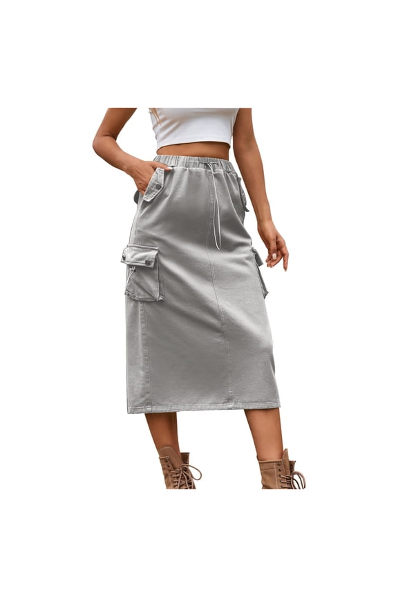 Mini Jean Skirt Women's Cargo Skirts Drawstring High Waist Back Split Midi Skirt with Flap Pockets High Waisted Skirt S-95 Gray S