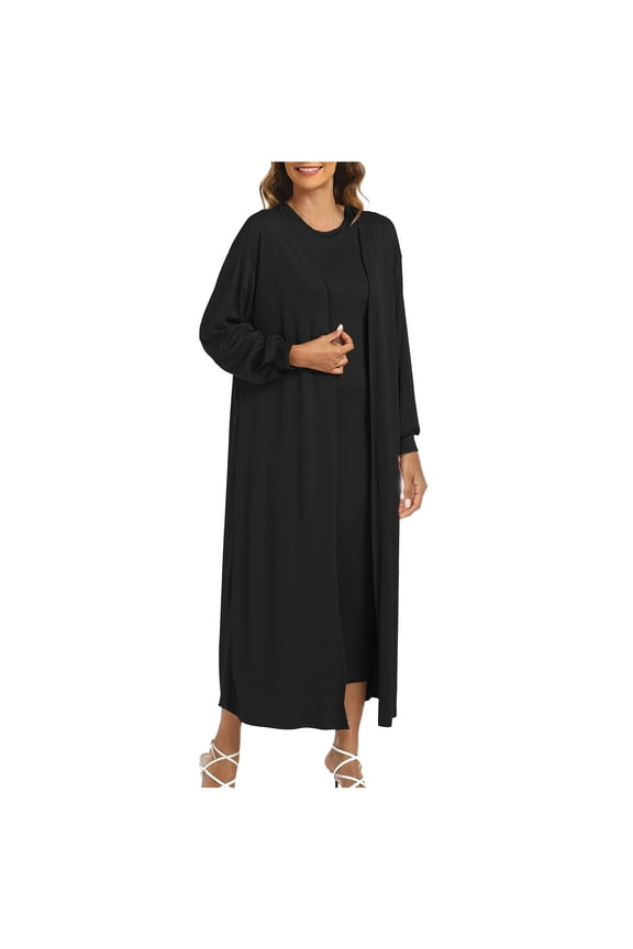 Mother of the Bride Dresses for Wedding Womens Two Piece Outfits Dress Suit with Long Sleeve Cardigan Jacket Maxi Dress S-59 Black XL