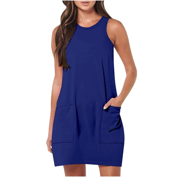 Mrat New Womens Solid Color Sleeveless Short Dress Casual Round Neck Tank Mini Dress with Pockets Dresses Casual S-109 Blue L