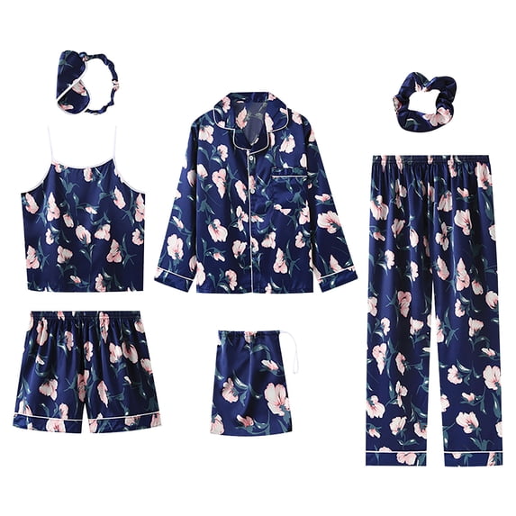 Mrat Nightshirts for Women Pajama Sets 7PC Button up Pajamas Crotchless Lingerie Set Ladies Robes Lightweight Pajamas Sets Silk Pyjama Women's Pajamas Sleepwear Sets Spring Summer Blue_E XL