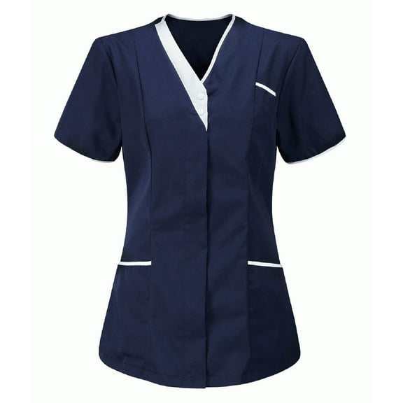 Mrat Nurses Uniform Tops Women's Nurses Tunic Clinic Carer V-Neck Short Sleeve Botton Protective Clothing Tops with Pockets S-16 Navy L