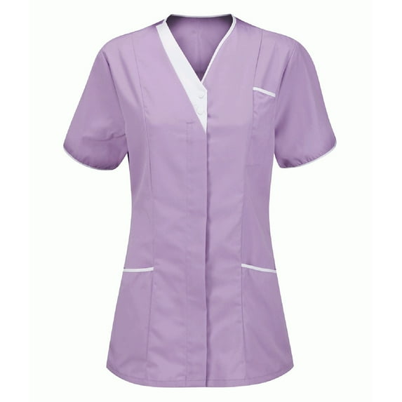 Mrat Nurses Uniform Tops Women's Nurses Tunic Clinic Carer V-Neck Short Sleeve Botton Protective Clothing Tops with Pockets S-16 Pink-A XL
