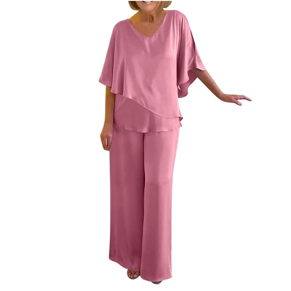 Mrat Office Outfits Set 2024 Mother of Bride Dressy for Wedding Two Piece Vintage Satin Pantsuits Formal 3/4 Sleeve Irregular Hem Tops Loose Pants Women Guest Outfit S-52 Pink-A M