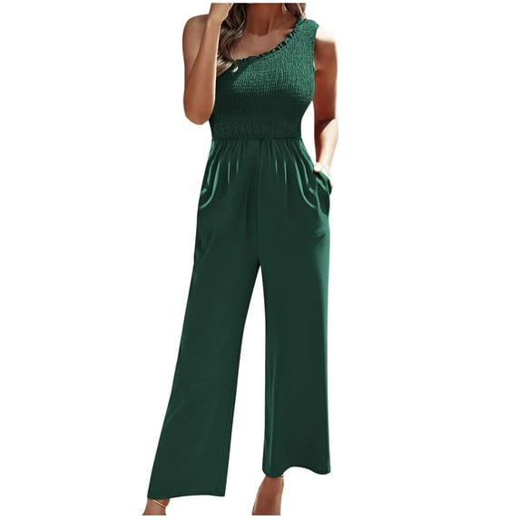 Mrat One Shoulder Jumpsuits Women's Trendy Solid Single Shoulder Strap Sleeveless Packets Jumpsuit Overalls Trousers with Pockets S-20 Green M