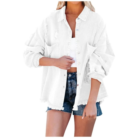 Mrat Oversized Denim Jacket Women Distressed Ripped Jean Jackets Womens Casual Lapel Long Sleeve Button-Down Denim Jackets with Pockets Frayed Hem Shacket Jacket Coat Outerwear C-17 White L