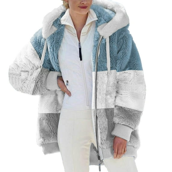 Mrat Oversized Fuzzy Fleece Jackets for Women Fashion Color Block Cardigan Coat Warm Winter Outerwear S-26 Gray 3XL