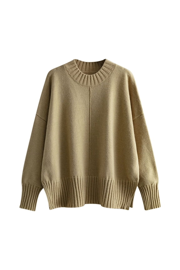 Oversized Sweater Women's Long Sleeve Pullover Casual Lightweight Soft Knit Round-Neck Sweater Solid Color Sweater Oversized Sweater S-263 Khaki One Size