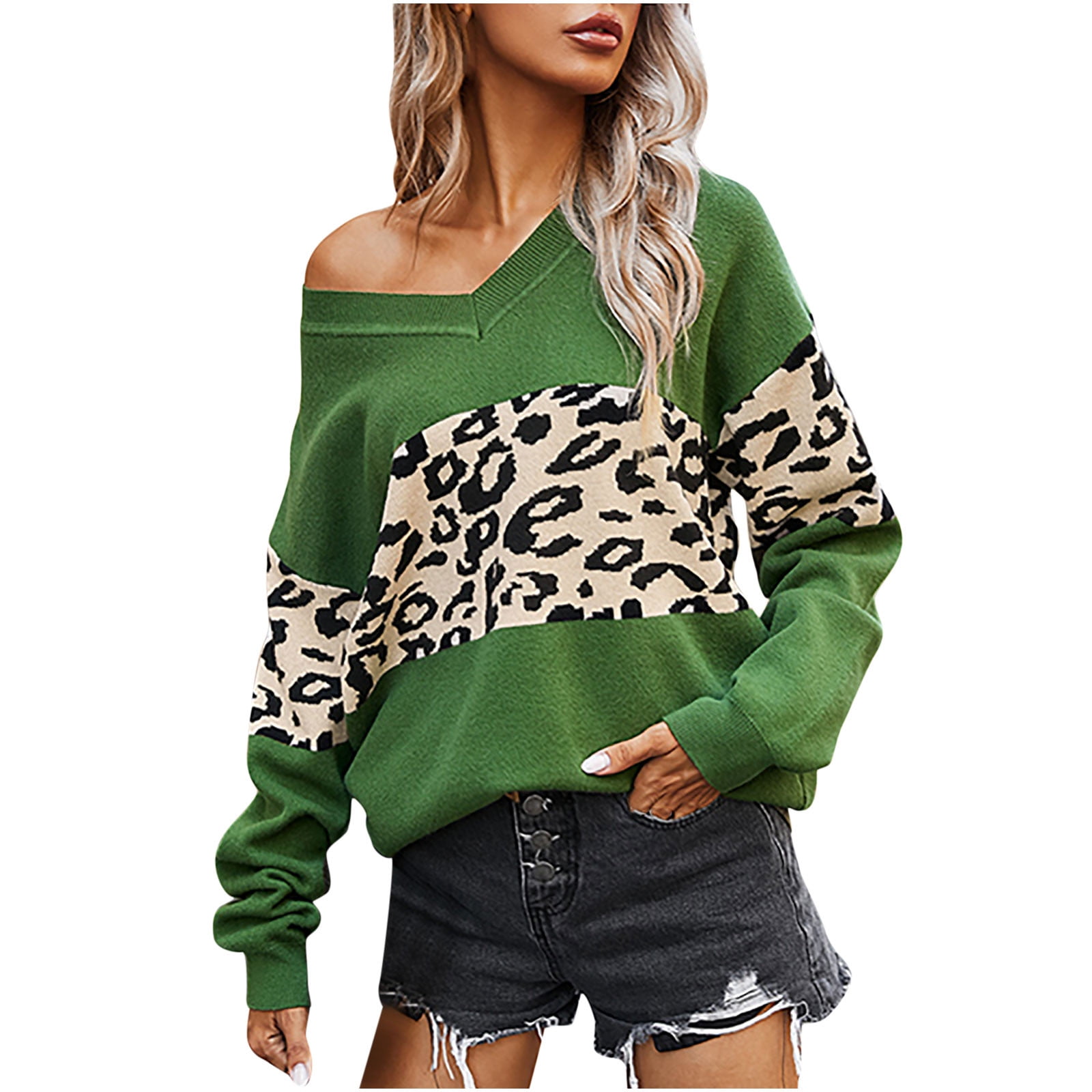 Green sweater top with leopard sleeves