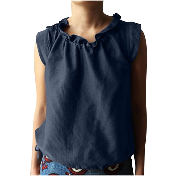 Mrat Oversized Tank Tops for Women Women's Casual Solid Color Sleeveless One Line Collar with Ruffle Tied Cotton and Linen Pleated Tops S-374 Navy M