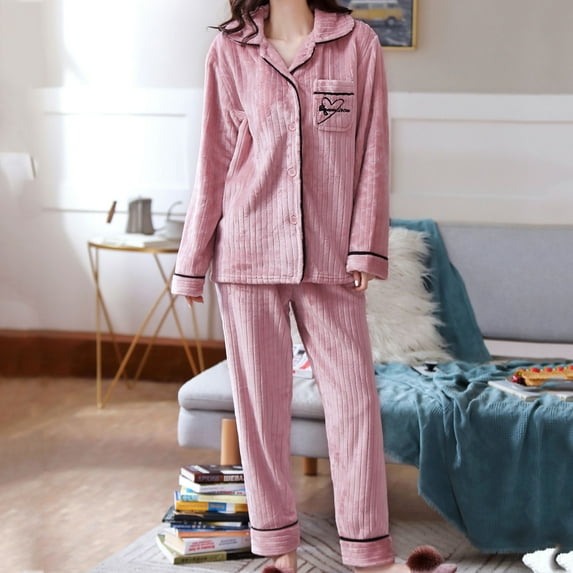 Mrat Pajama Sets Loungewear 2 Piece Pajama Sets Ladies Fashion Flannel Solid Print Pocket Long Sleeve and Long Pants Pajama Suit Female Button-Down Pajama Sets