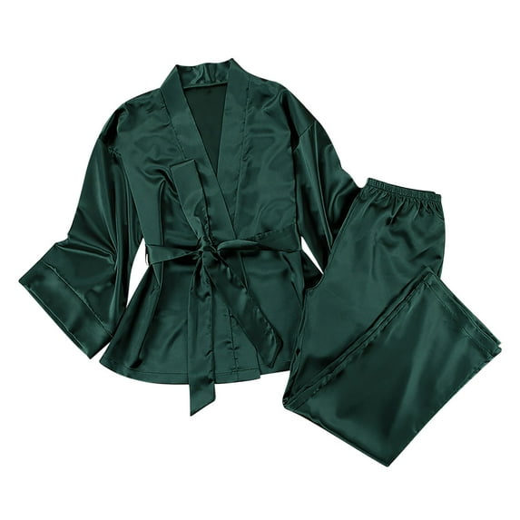 Mrat Pajama Sets Womens Pajamas Set Loungewear Ladies Occidental Color Cardigan Tie Up Pajamas Pajamas Solid Color Home Suit Loose Pajamas Set Female Pajamas Set Soft