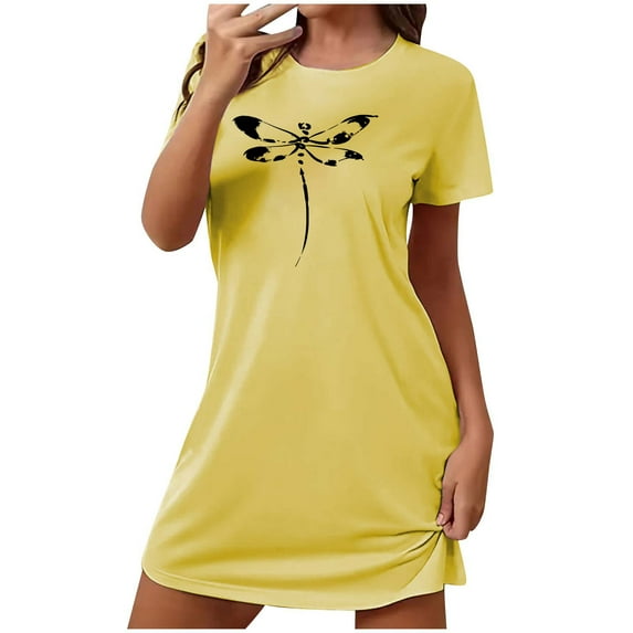 Mrat Pajama Skirt for Women Women's Nightgown Sleepwear Short Sleeves Nightshirt Casual Print Sleepdress Loose Comfy Pajama S-80 Yellow m