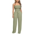 thumbnail image 1 of Mrat Pants for Women Jumpsuit Bandeau Strapless Elastic Waist Drawstring Rompers Wide Leg Jumpsuit Rompers with Pockets Loose Sleeveless Trousers Green S, 1 of 6