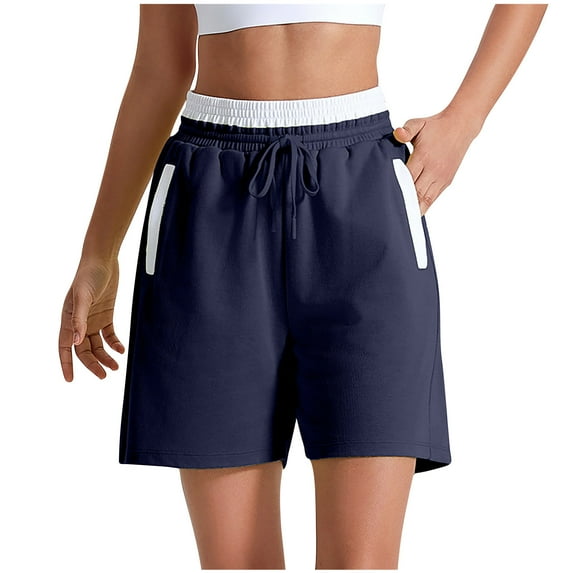 Mrat Pants for Ladies Women's Contrasting Color Casual High Waisted Running Fitness Yoga Shorts Women Half Short Pants with Pockets S-670 Navy M