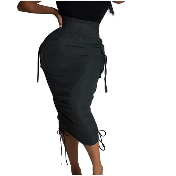 Mrat Peasant Skirts Women Summer Fashion Solid Skirt High Waist Bohemian Bandage Pockets A-Line Skirts Flowy Maxi Skirts S-96 Black M