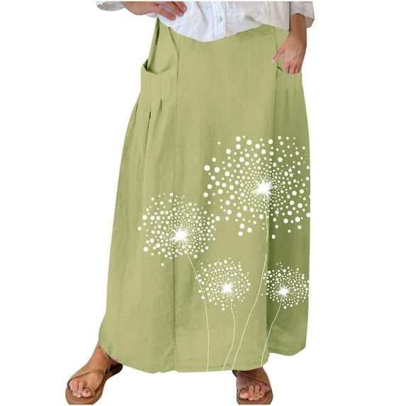 Mrat Pencil Skirt for Women Women's Casual Retro Floral Skirts Linen Elastic Waist Pleated Maxi Skirt with Pockets Plus Size Skirts S-244 Green 3XL