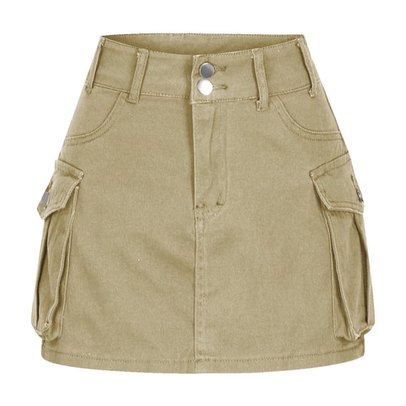 Mrat Pencil Skirts Women's Zipper Button High Waist Short Skirt Summer Solid Irregular Pockets Skirt Stretchy Skirt S-168 Khaki S