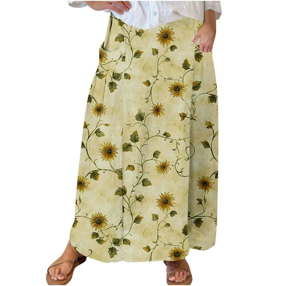 Mrat Petticoat Skirt Women's Casual Retro Floral Skirts Linen Elastic Waist Pleated Maxi Skirt with Pockets Plus Size Skirts S-132 Yellow L