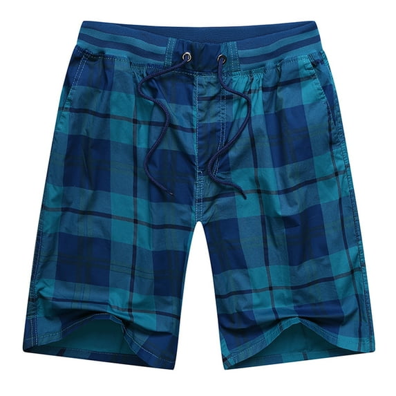 Mrat Plaid Shorts Women High Waisted Drawstring Shorts Breathable Cotton Loose Wide Leg Short Pants with Pockets S-78 Blue XL