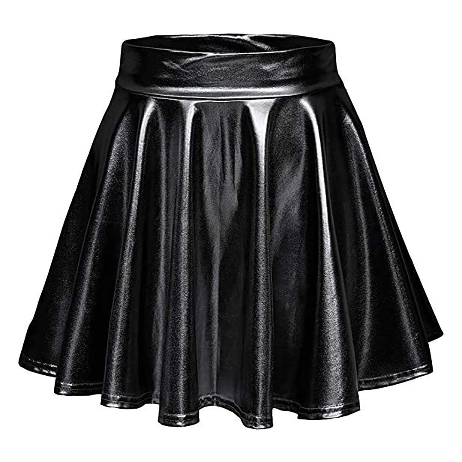 スカート BLACK SKIRT VUPSGEZ Women's Casual Fashion Shiny Metallic Flared Pleated