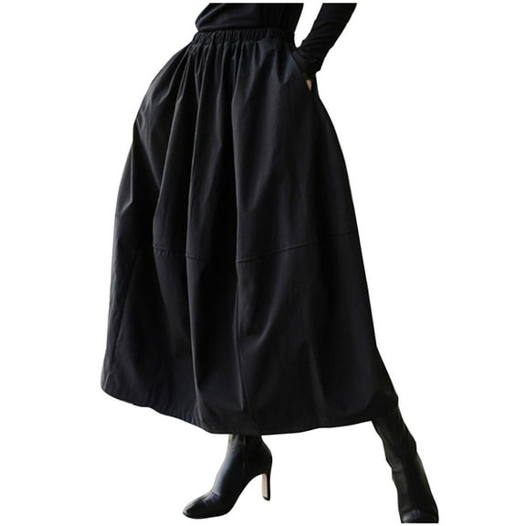 Mrat Pleated Skirts for Women Women's Black Elastic Waist A-line Long Bubble Skirt Skirt Lantern Skirt with Pockets Aline Skirts for Women S-69 Black XL