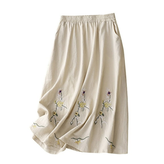 Mrat Pleated Skirts for Women Women's Cotton Linen Skirts Casual A-Line Long Flowy Skirt Embroidery Lightweight Beach Skirt S-25 Beige XXL