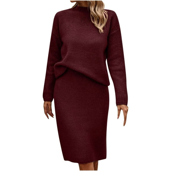 Mrat Plus Size Casual Outfits Women's Casual Solid Color Knitted Sweater Long Sleeve Turtleneck Exercise Outfits Set S-192 Wine M