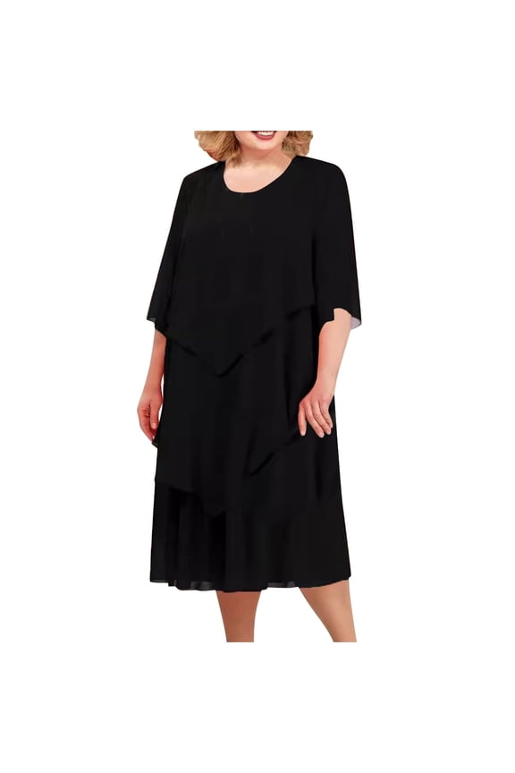 Plus Size Chiffon Dress Women's Flowy Chiffon Dress Wedding Guest Dress Elegant Layered Hem Midi Dress S-1 Black 5XL