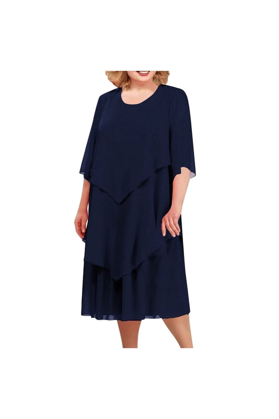 Plus Size Chiffon Dress Women's Flowy Chiffon Dress Wedding Guest Dress Elegant Layered Hem Midi Dress S-1 Navy XL
