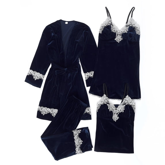 Mrat Plus Size Lingerie Women Pajama Sets 4PC Nightgown Gold Lightweight Robes Lingerie Lace Plus Size Nightgowns for Ladies Velvet Pajamas Lace Nightdress Sleepwear Trousers Navy_A M