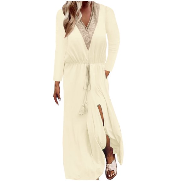 Mrat Plus Size Maxi Dress Womens Lace V Neck Beach Maxi Dress Loose Boho Drawstring Waist Slit Hem Flowy Dresses with Pockets S-32 Yellow XXL