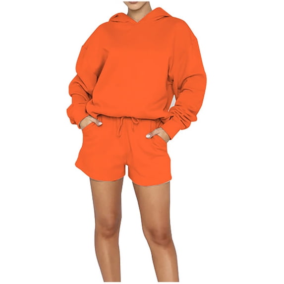 Mrat Plus Size Pullover Tracksuit Women Hoodies Tracksuit Long Sleeve Sweatshirts Shorts Pant 2 Piece Outfits S-8 Orange M