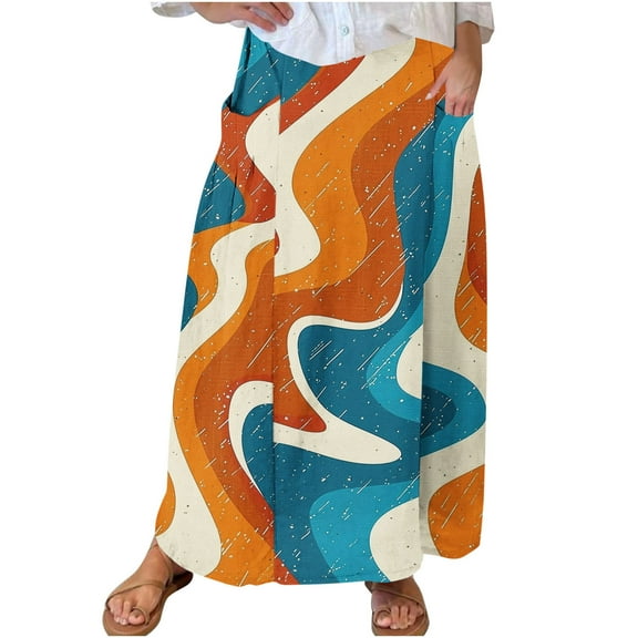 Mrat Plus Size Skirts Women's Casual Retro Floral Skirts Linen Elastic Waist Pleated Maxi Skirt with Pockets Plus Size Skirts S-120 Orange S