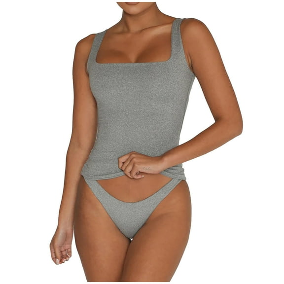 Mrat Plus Size Tank Tops Women's Fashion Casual Spring Summer Beach Solid Color Round-Neck Tank Tops Plus Size Tank Tops for Women S-192 Gray M