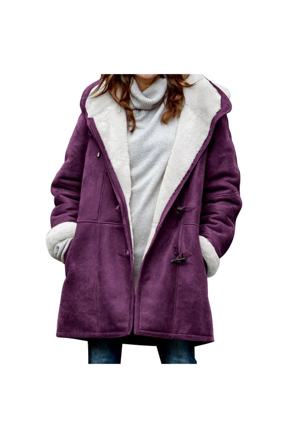 Polyester Long Sleeve Toggle Button Jacket Women Hooded Fleece Lined Parka Jackets Outerwear Coat Purple XXL