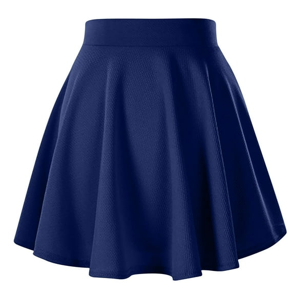 Mrat Print Skirt Women's Basic Versatile Stretchy Flared Casual High Waist Skater Skirt Solid Tie with Skirt S-37 Navy L