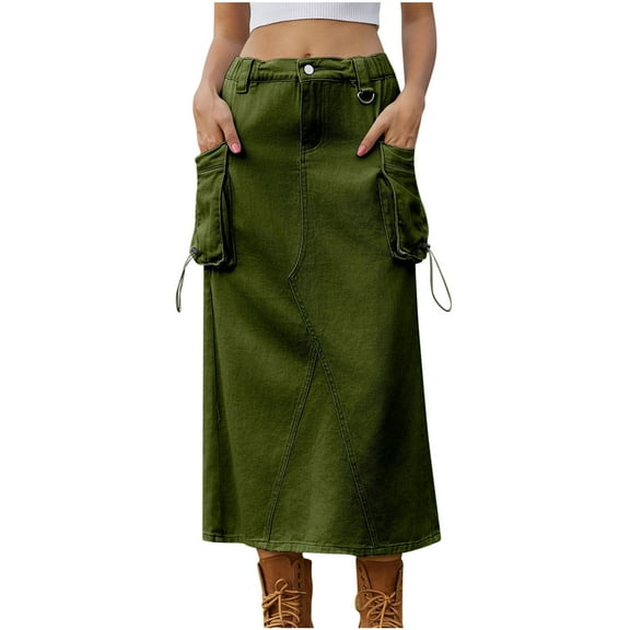 Mrat Print Skirt Women's Spring/Summer Denim Casual Wear Pocket Skirt Casual Mid Length Skirt Beach Skirts S-115 Army-Green S