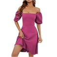 thumbnail image 1 of Mrat Puff Sleeve Dress for Women Short Solid Dress Short Sleeve Squares Neck A-Line Dress Can Wear off Shoulder S-58 Hot-Pink s, 1 of 8