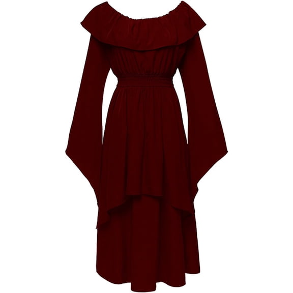 Mrat Renaissance Dress Women Costume Peasant Dress Medieval Costume Flare Sleeve High Elastic Waisted Long Dress S-67 Wine M