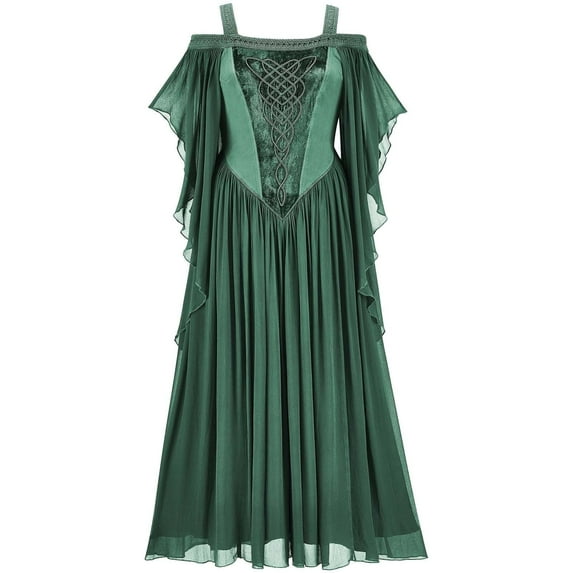 Mrat Renaissance Gothic Dress for Women Medieval Costume Corset Dress Lace up Cold Shoulder Short Sleeve Midi Dresses S-88 Green L