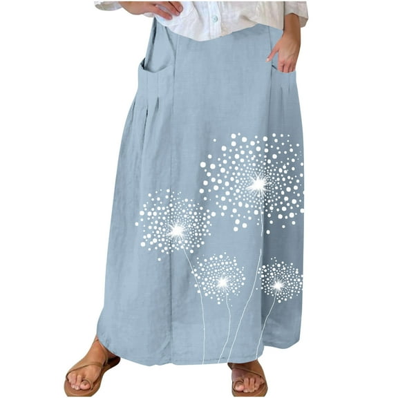 Mrat Renaissance Skirt Women's Casual Retro Floral Skirts Linen Elastic Waist Pleated Maxi Skirt with Pockets Plus Size Skirts S-243 Blue 5XL