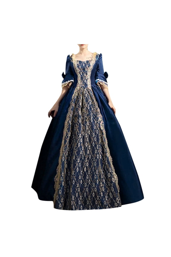 Retro Dress for Women 1800s Medieval Dress Corset Flare Sleeve Dress Cocktail Party Ball Gown S-26 Dark Blue L