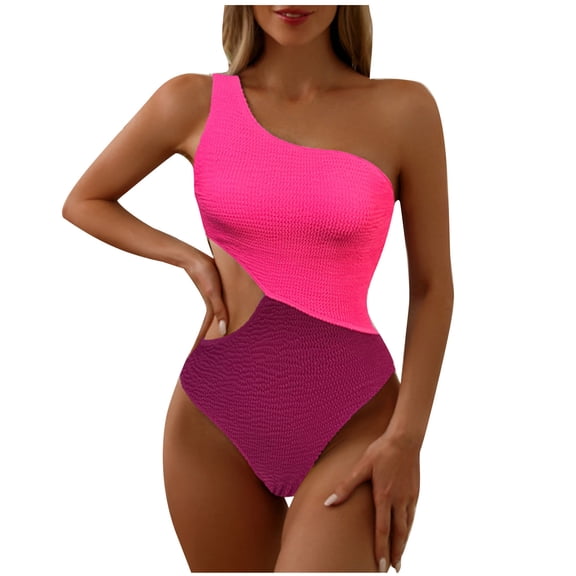 Mrat Retro Swimsuits for Women Women's Wrinkled Fabric Fashion Tie Dyed One Shoulder Bikini One-Piece Swimsuit Women Tankinis Monokini S-119 Hot-Pink M